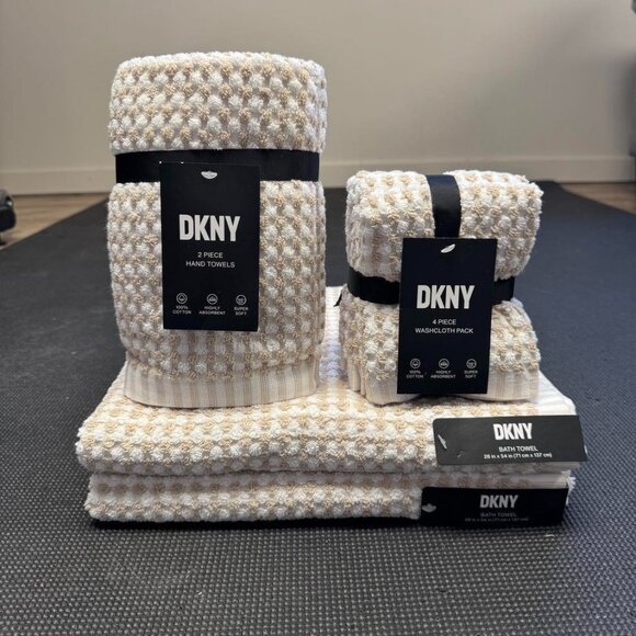 8 Pc. DKNY Monet Tile Beige White Squares Dots Stripes Bath Towel Towels Gingham - Picture 1 of 11
